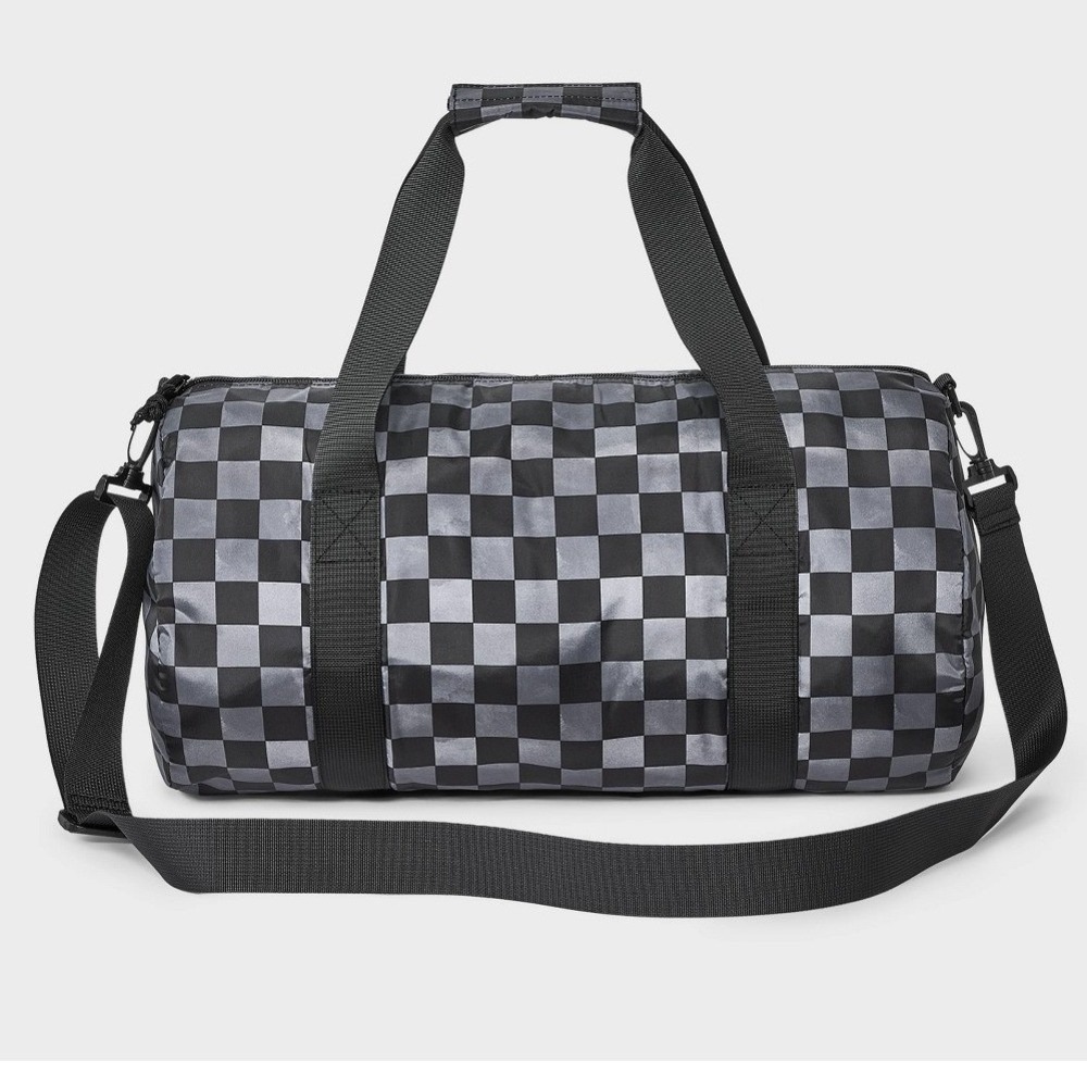 Cat & Jack Kids Checkered Duffel Bag Black Grey Barrel Sports Travel TB1001 NWT